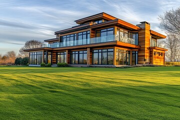 A Stunning Modern Wood Home Nestled On A Sprawling Green Lawn, Bathed In The Warm Golden Light Of Sunset, Showcasing Expansive Windows And Elegant Architecture