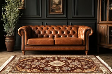 A Timeless Leather Chesterfield Sofa Rests Elegantly In A Classic Dark Room, A Rich Brown Rug Enhancing Its Rich, Warm Tones