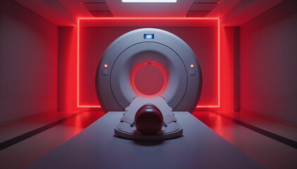 MRI machine in a red-lit room