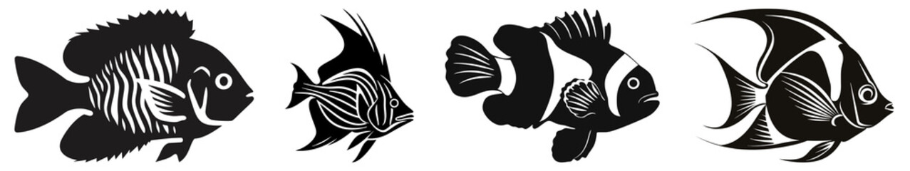 PNG Silhouette fish illustrations showcase variety, element set on transparent background