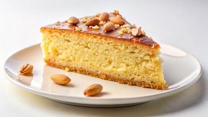 Moist and fluffy slice of almond cake sitting alone on a white plate, with a few crumbs scattered around it