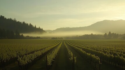 Serene Vineyard Landscape at Sunrise Misty Mountains and Rolling Hills