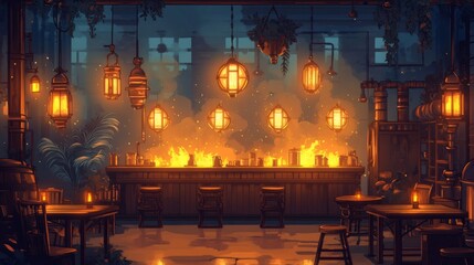 Obraz premium Pixel Art Fantasy Bar at Night with Warm Lighting