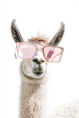 Obraz premium Llama wearing stylish sunglasses posing for the camera, unique animal portrait, trendy pet fashion, fun wildlife photography, quirky animal moments.