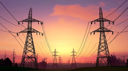 Electricity Pylons at Sunset Power Transmission Lines Under Colorful Sky