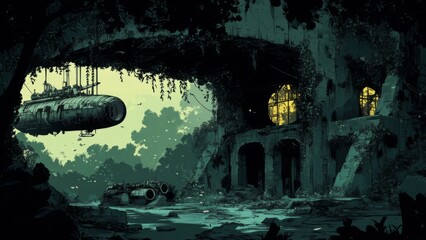 Submerged Submarine Near Jungle Ruins