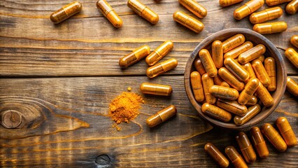 Organic Turmeric Capsules on a Wooden Surface in Top View , supplements for men and women