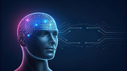Obraz premium Large language models (LLM) leverage artificial intelligence for advanced computation. A digital representation of a human head with circuit board patterns
