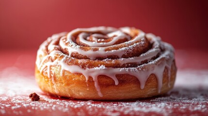 Fototapeta premium A sumptuous cinnamon bun sits regally on a vibrant red surface. Its snowy icing cascades down its golden swirls, inviting sweet indulgence