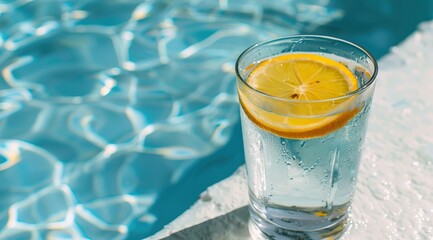 A refreshing glass of water with lemon slices beside a shimmering blue pool creates a serene, summer vibe.