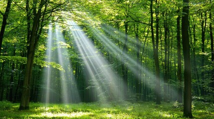 Obraz premium Sunlight streaming through lush trees forest nature photography tranquil environment serene viewpoint