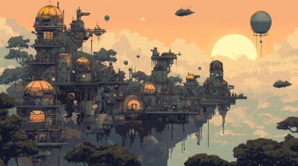 Floating Island City at Sunset Pixel Art