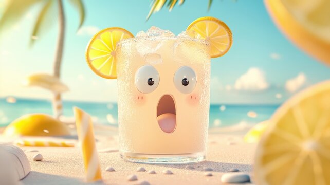 Refreshing summer drink with playful expression and lemon garnishes by the beach