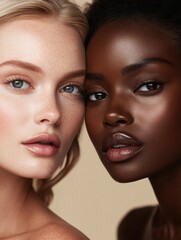 Fototapeta premium Two women with diverse skin tones pose closely together, showcasing natural beauty and highlighting diversity in a soft, neutral background.