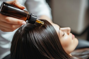 Fototapeta premium Hair Treatment Essential Oil Application Spa Salon Wellness Healthy Shiny Long Dark Haircare Style 
