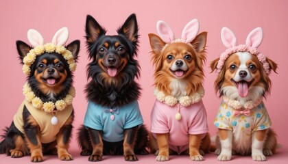 four adorable chihuahuas dressed in pastel easter bunny costumes. perfect for easter cards, websites, or social media posts. cute dogs in spring outfits.