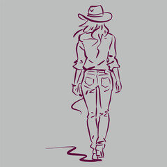 back of a cowgirl in a hat walking vector for illustration card decoration