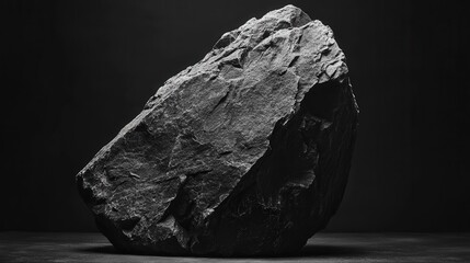 A striking black-and-white rock, angled left, showcasing its rugged, dark texture that invites exploration and curiosity