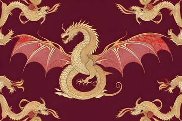 Obraz premium ancient art of a asian, chinese, japanese dragon. Red and gold colors. Royalty. Vintage, antique. traditional, culture, mythology, legend, symbol, power, strength, wisdom, heritage, history, ornate