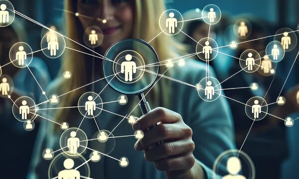 Woman scrutinizes person icons via magnifying glass, audience blurs behind, connecting network