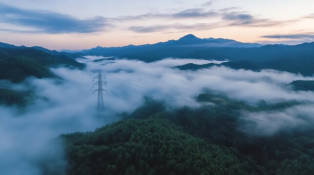 Power Line Tower Amidst Foggy Mountains Scenic Landscape Aerial View