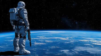 Fototapeta premium business investment concept, Astronaut gazing at Earth from space, surrounded by stars.