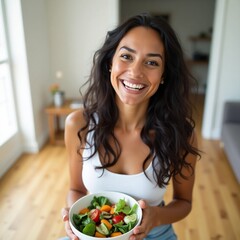 Radiant Health: A beaming woman, radiating happiness, holds a bowl of fresh, colorful salad, embodying wellness and healthy eating.