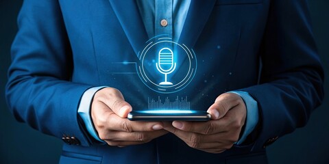 Natural Language Processing (NLP) enhances human-computer communication. A person in a suit holds a smartphone displaying a digital microphone icon, symbolizing voice recognition or audio technology.