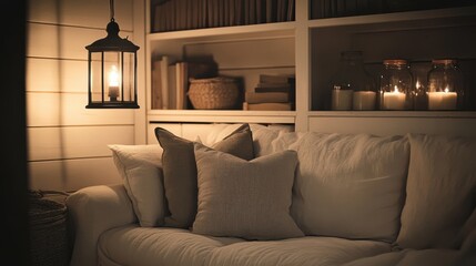 Fototapeta premium Cozy Living Room with Warm Lighting and Display Shelves