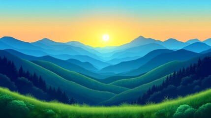 Fototapeta premium Blue And Green Mountain Range At Sunset