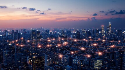 Futuristic smart city connected by glowing data streams illustrating the concept of digital transformation and global connectivity