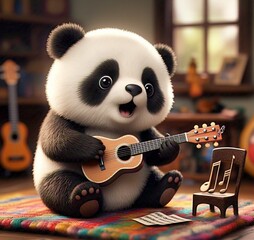 Panda playing guitar agilely, very adorable