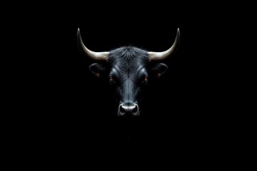A black bull head looks forward dramatically against darkness