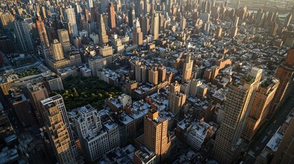 A bird's eye view of a metropolis showcasing vibrant city life and stunning architectural diversity.
