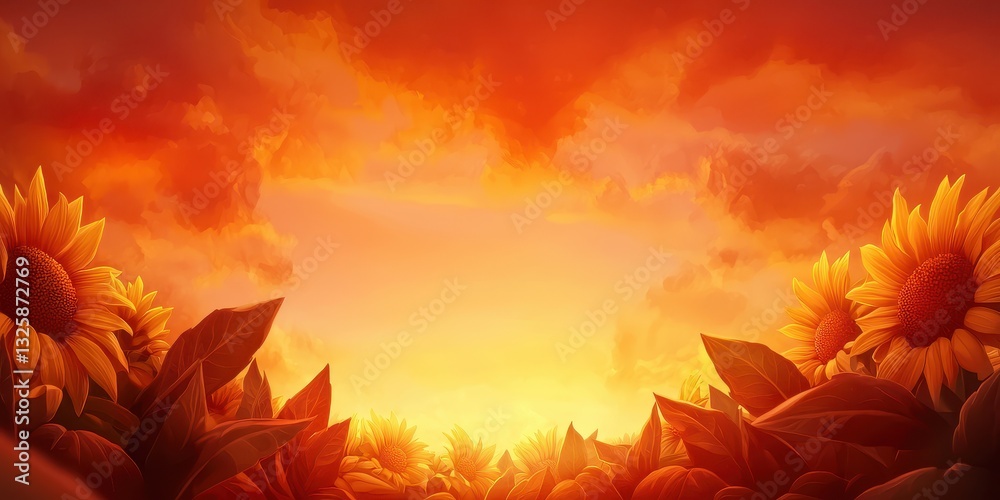 Poster a vibrant sunset illuminates a field of sunflowers, creating a warm, serene atmosphere filled with g