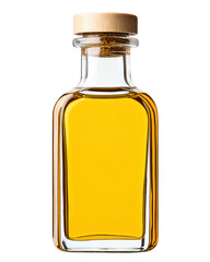 isolated transparent Background. clear glass bottle filled with golden oil, sealed with wooden cap, isolated on transparency background