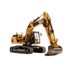A powerful heavy excavator stands prominently with its bucket raised, showcasing intricate details and design, symbolizing strength and versatility in construction projects.