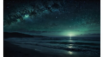 Fototapeta premium Whispers of the Celestial Sea: A Hauntingly Beautiful Ocean Under a Starry Night [🌌🌊💫], Bathed in Moody Blues & Silver Mist with Dreamlike Filmic Elegance [📷🎞️🌠]