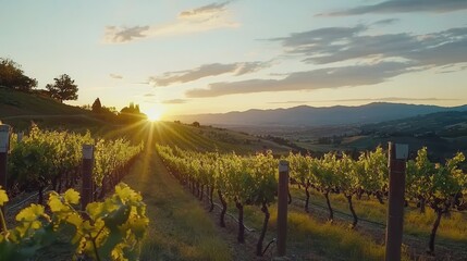 Serene Sunset over Vineyard Rows Golden Hour Landscape