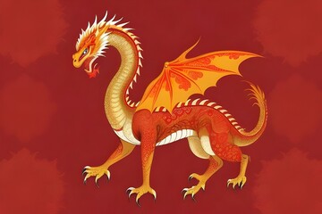 Obraz premium ancient art of a asian, chinese, japanese dragon. Red and gold colors. Royalty. Vintage, antique. traditional, culture, mythology, legend, symbol, power, strength, wisdom, heritage, history, ornate