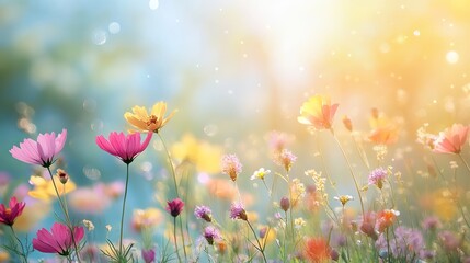 Obraz premium Vibrant flower meadow with sunbeams, blue sky, and bokeh lights – summer nature background for greeting card or spring concept