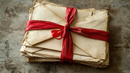 Stack of aged letters tied with red ribbon.