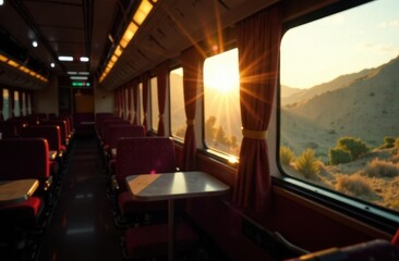 Fototapeta premium Captivating sunset view from a train window during a journey through mountains