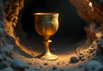 Golden ornate chalice in rocky cave with soft lighting