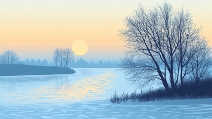 Tranquil Sunset Over a Calm Lake with Silhouetted Trees