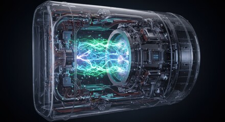 Futuristic Energy Reactor Core: Advanced Technology Visualization  A 3D Render of a Transparent Cylindrical Fusion Reactor