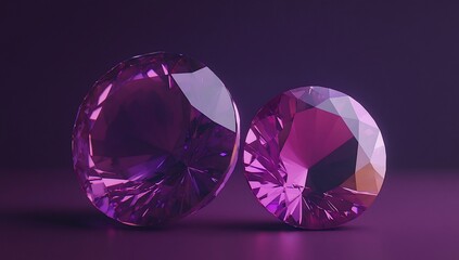 Fototapeta premium Two vibrant purple gemstones, one larger than the other, sit on a dark purple background.