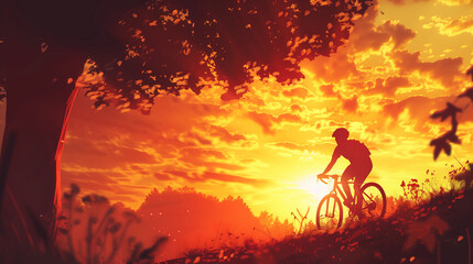 Fototapeta premium silhouette of a cyclist riding into a sunset