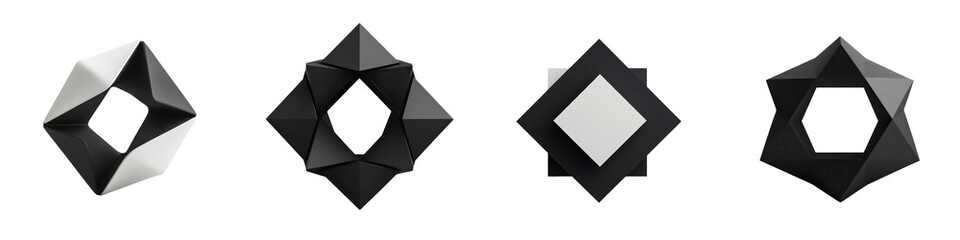 A collection of minimalist geometric shapes in black and white creating a striking visual composition with an architectural angular and feel