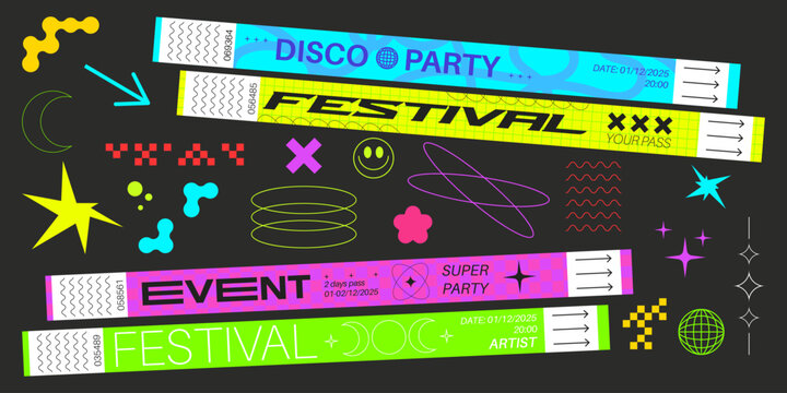 Festival party bracelet sticker designs - colorful admission wristbands, passes with trendy minimalistic geometric shapes, fun symbols, patterns. Neon colors bright modern disco vibe event tickets.
